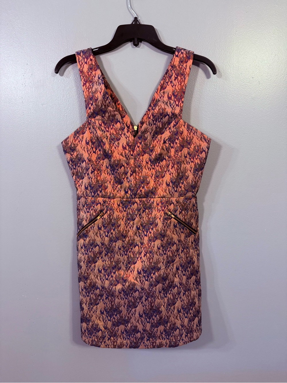 Topshop Metallic Flame Print Jacquard V Neck Mini Dress Zip Pockets UK 10 US 6